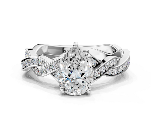 White gold Pear Cut Twisted Pavé Band Solitaire Ring with Four-Prong Setting