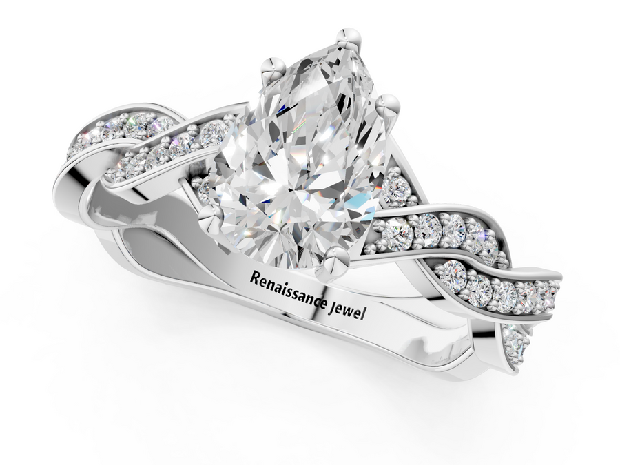 White gold Pear Cut Twisted Pavé Band Solitaire Ring with Four-Prong Setting