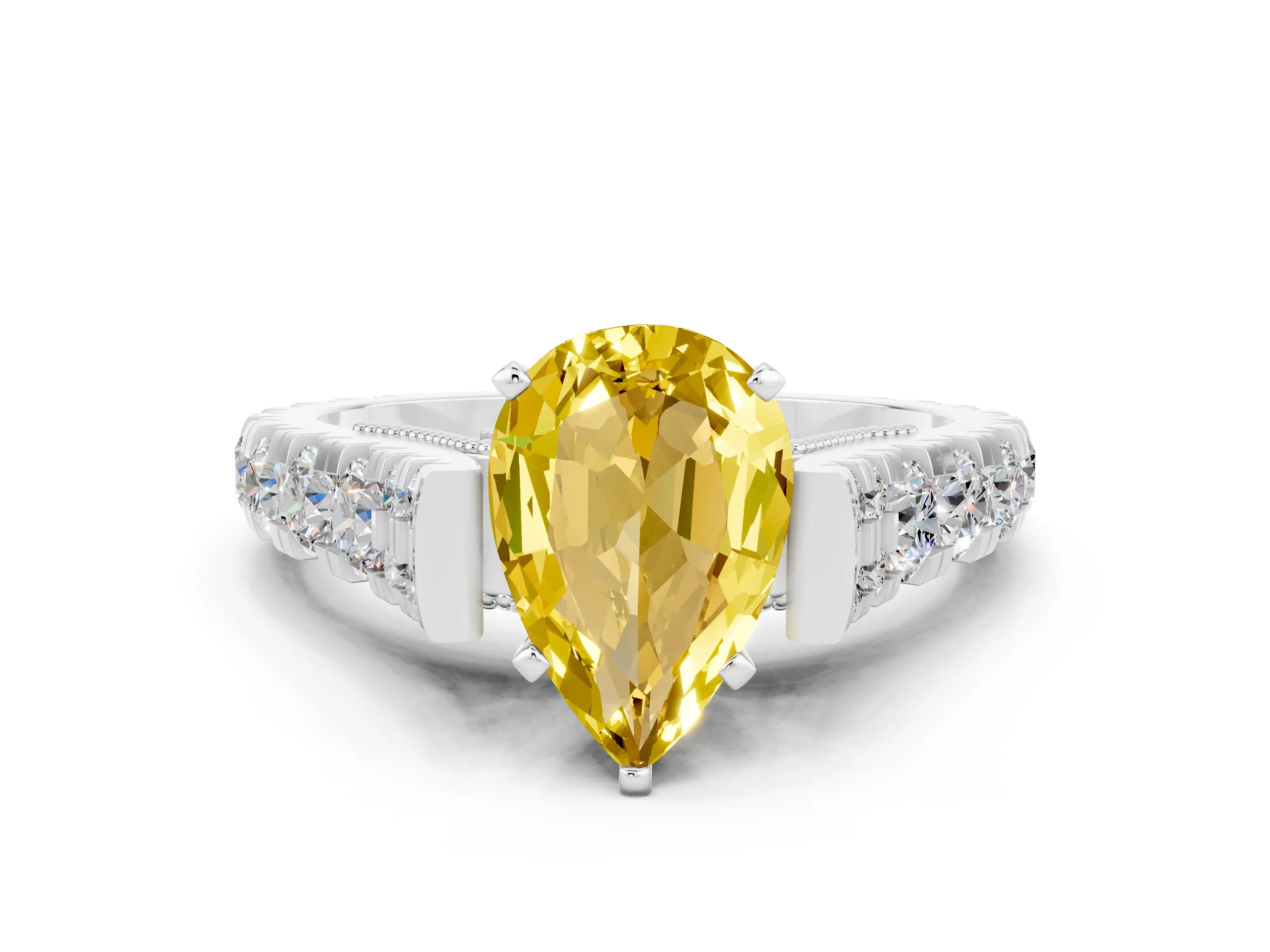 White gold Pear Cut Yellow Sapphire Classic Solitaire Ring with Pavé Band and Four-Prong Setting_12