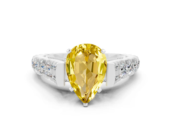 Silver Pear Cut Yellow Sapphire Classic Solitaire Ring with Pavé Band and Four-Prong Setting
