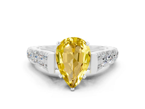 White gold Pear Cut Yellow Sapphire Classic Solitaire Ring with Pavé Band and Four-Prong Setting_12