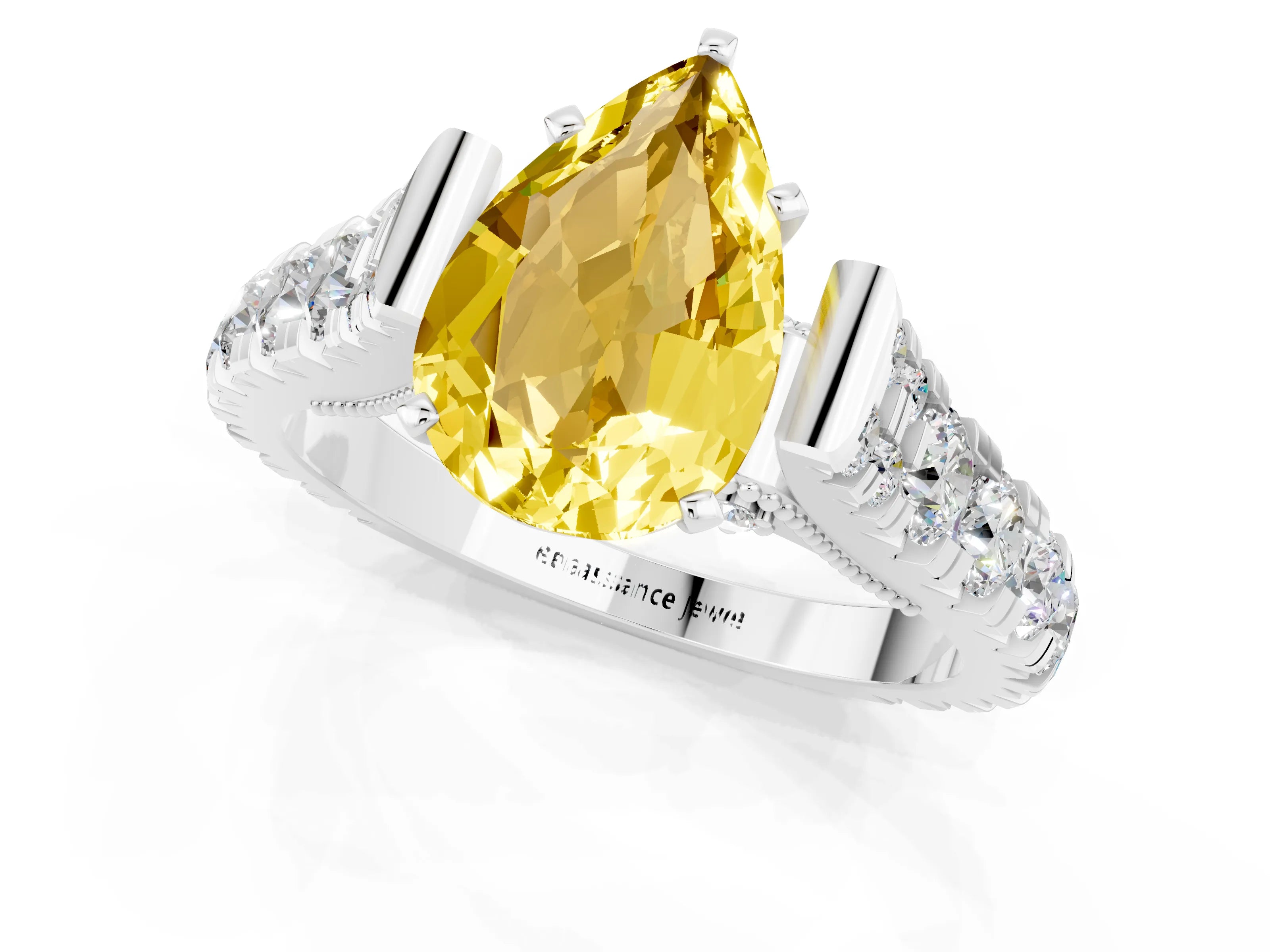 White gold Pear Cut Yellow Sapphire Classic Solitaire Ring with Pavé Band and Four-Prong Setting_13