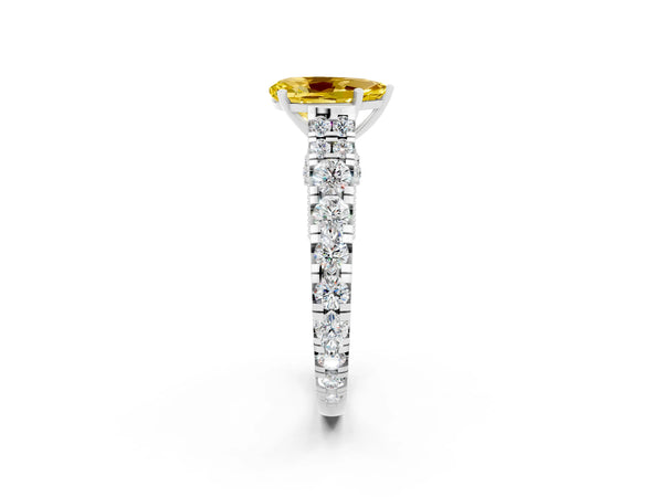 White gold Pear Cut Yellow Sapphire Classic Solitaire Ring with Pavé Band and Four-Prong Setting