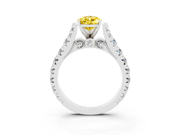 Platinum Pear Cut Yellow Sapphire Classic Solitaire Ring with Pavé Band and Four-Prong Setting
