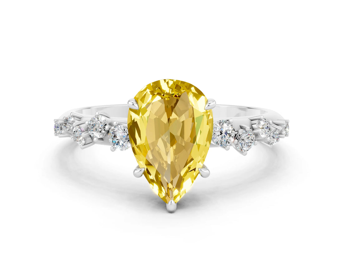 White gold Pear Cut Yellow Sapphire Cluster Side Stone Solitaire Ring with Prong Setting_66