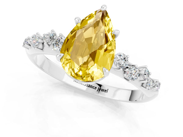 Silver Pear Cut Yellow Sapphire Cluster Side Stone Solitaire Ring with Prong Setting