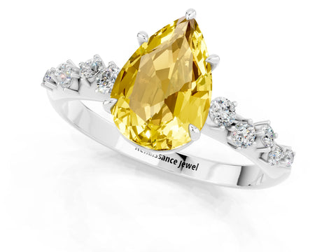 White gold Pear Cut Yellow Sapphire Cluster Side Stone Solitaire Ring with Prong Setting_67