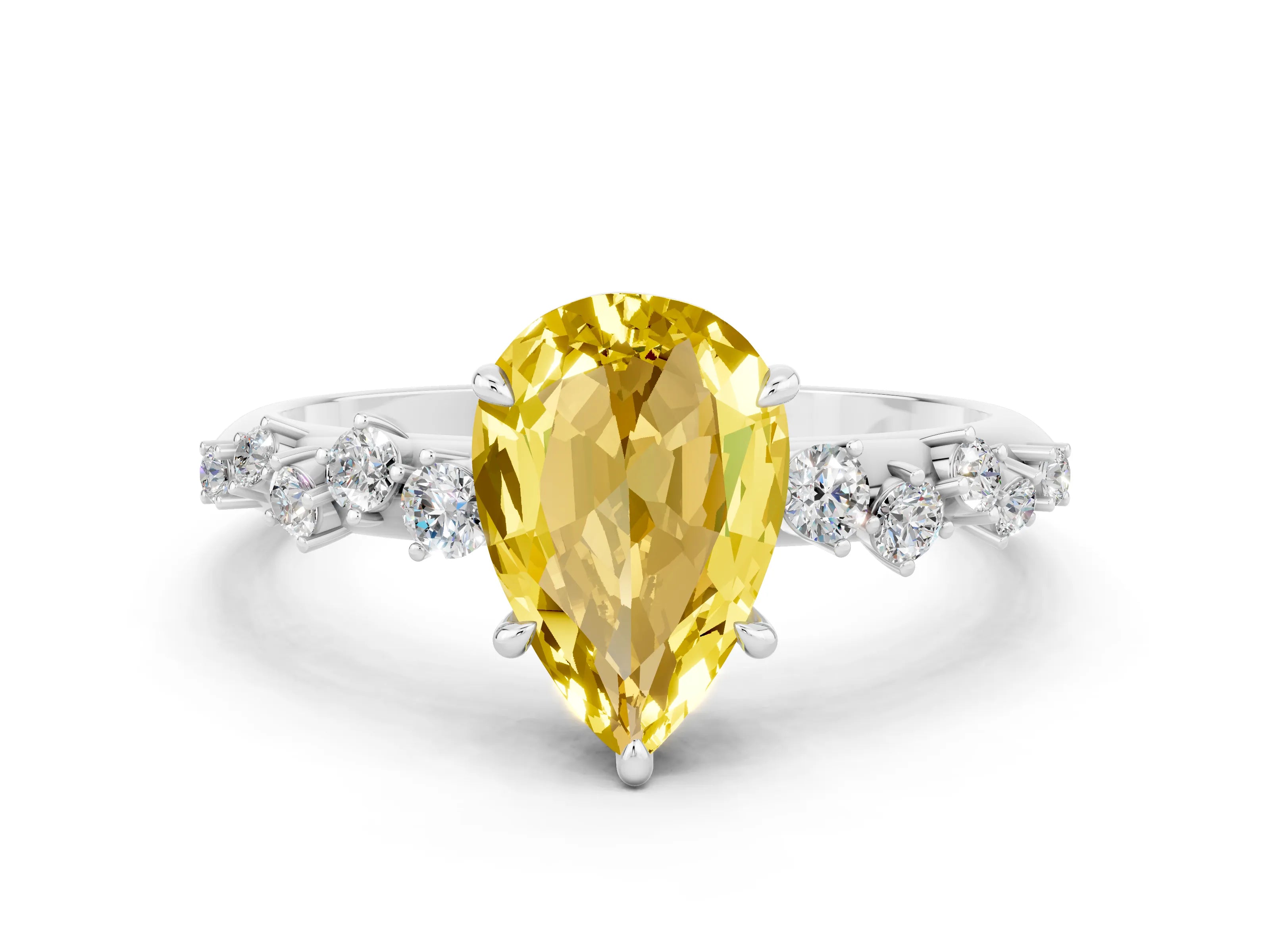 White gold Pear Cut Yellow Sapphire Cluster Side Stone Solitaire Ring with Prong Setting_68