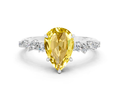 White gold Pear Cut Yellow Sapphire Cluster Side Stone Solitaire Ring with Prong Setting_68