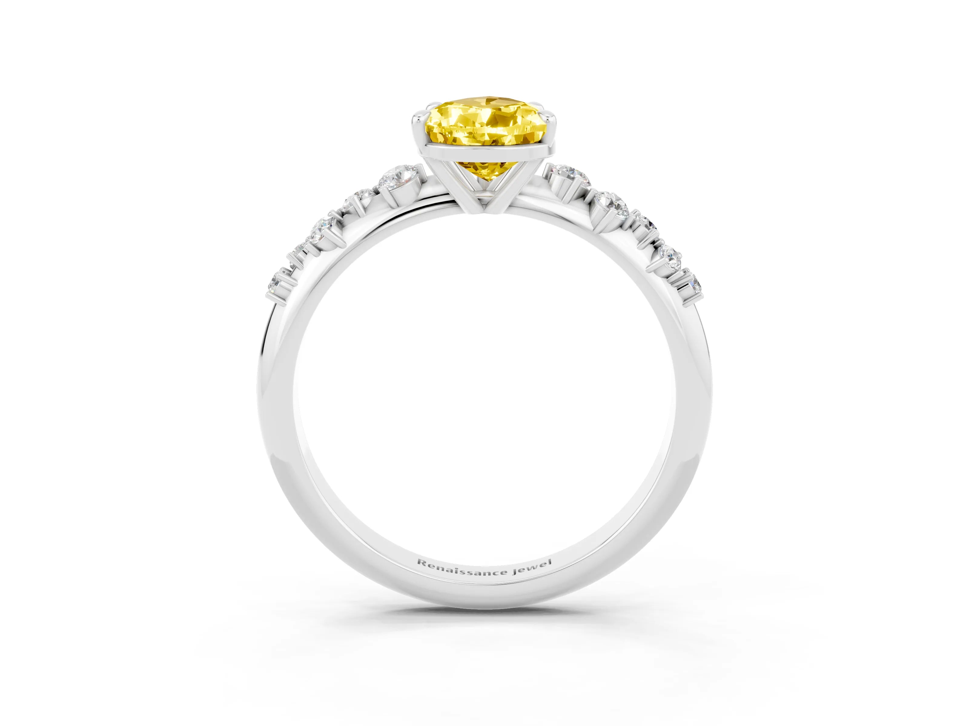 White gold Pear Cut Yellow Sapphire Cluster Side Stone Solitaire Ring with Prong Setting_69