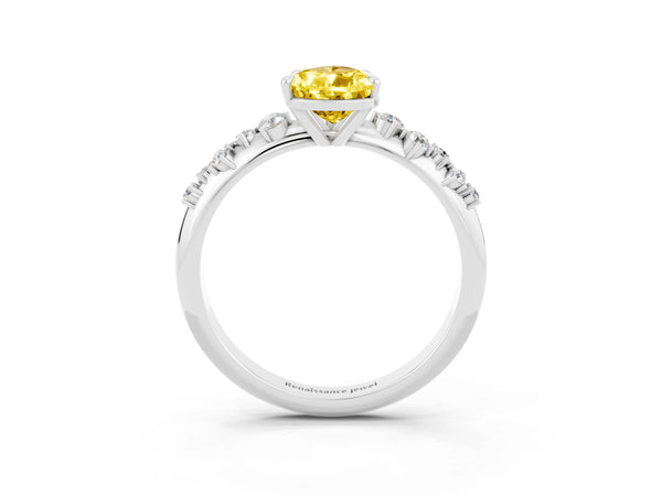 Silver Pear Cut Yellow Sapphire Cluster Side Stone Solitaire Ring with Prong Setting