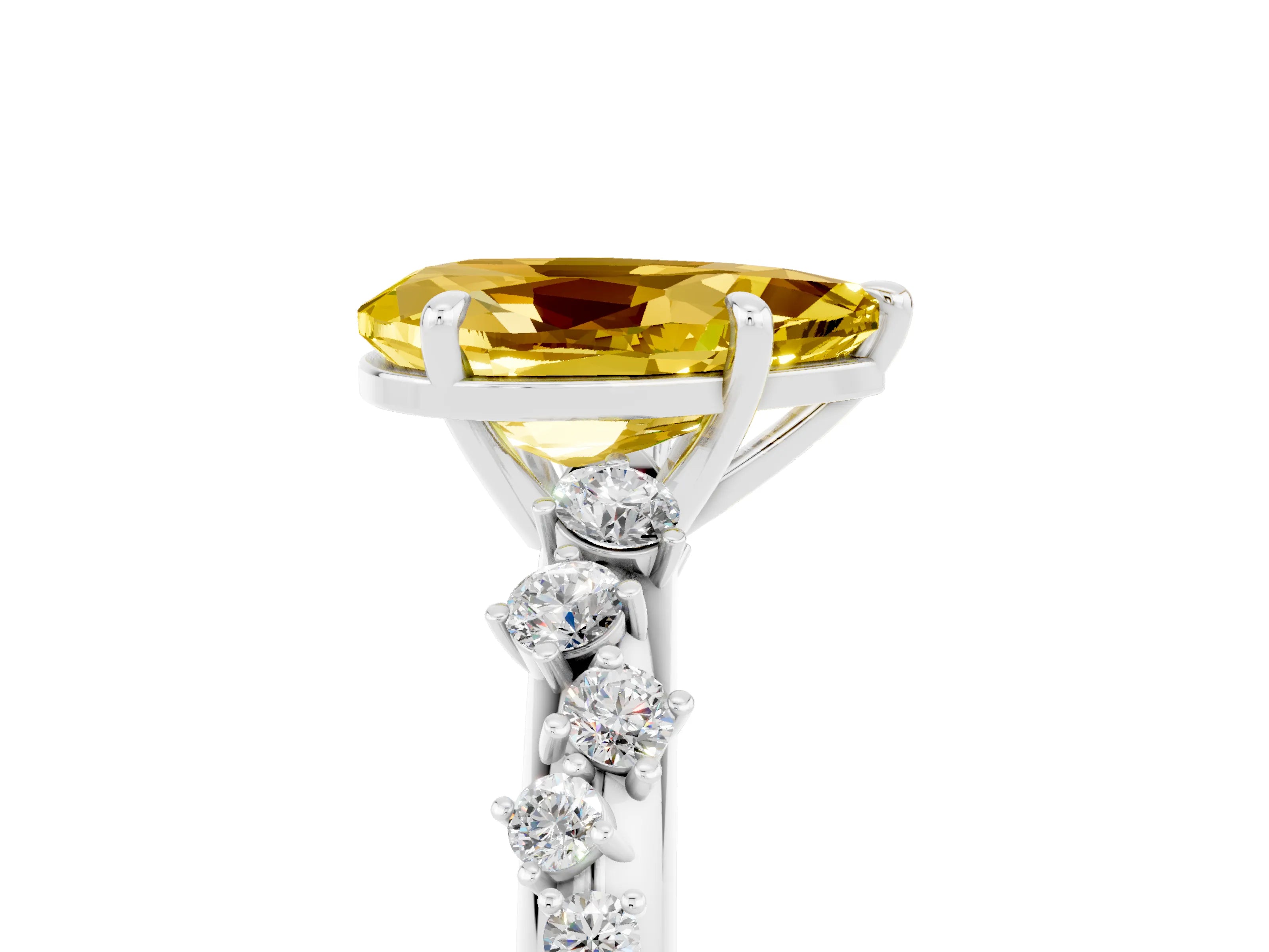 White gold Pear Cut Yellow Sapphire Cluster Side Stone Solitaire Ring with Prong Setting_71