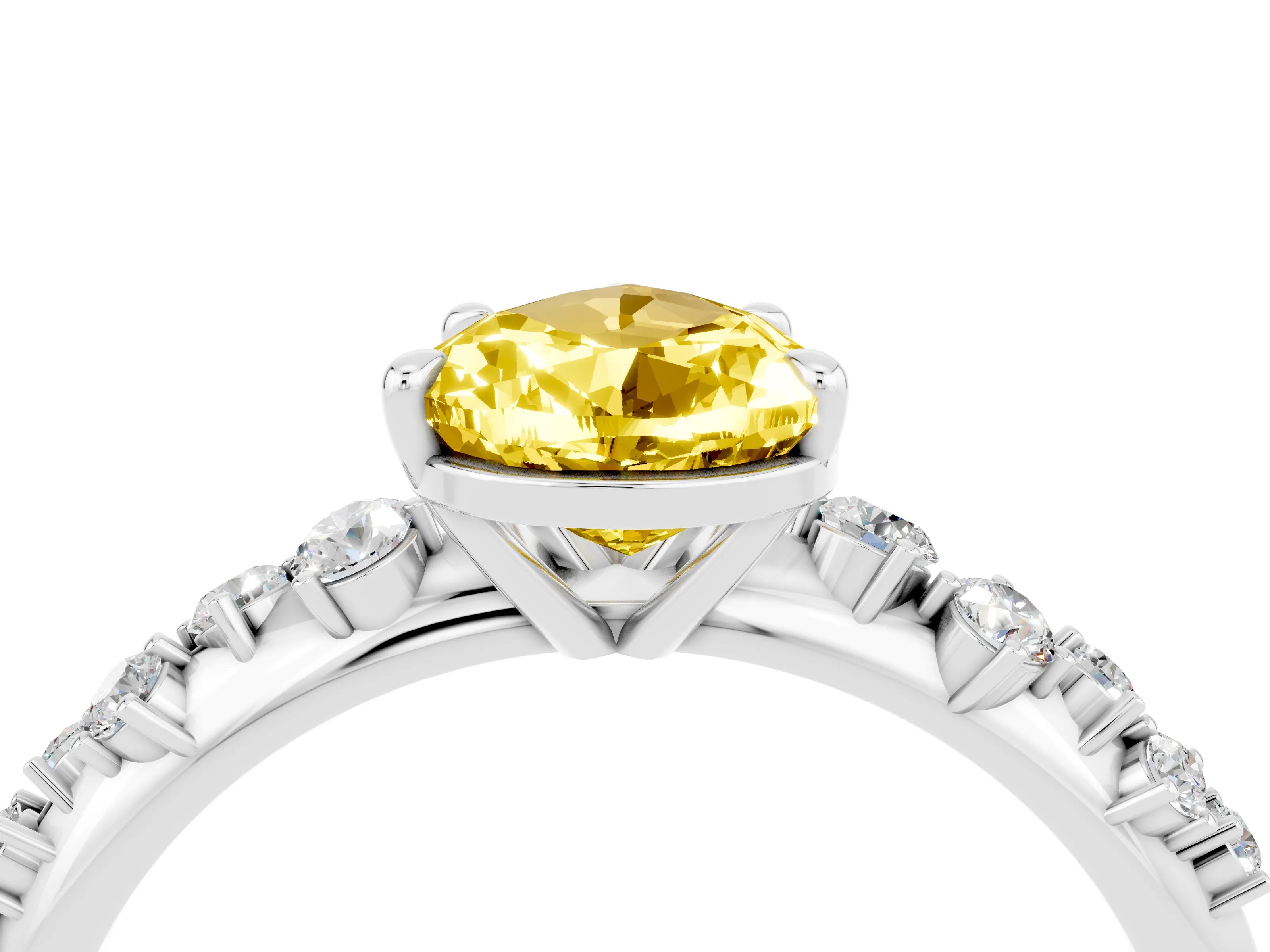 White gold Pear Cut Yellow Sapphire Cluster Side Stone Solitaire Ring with Prong Setting_72