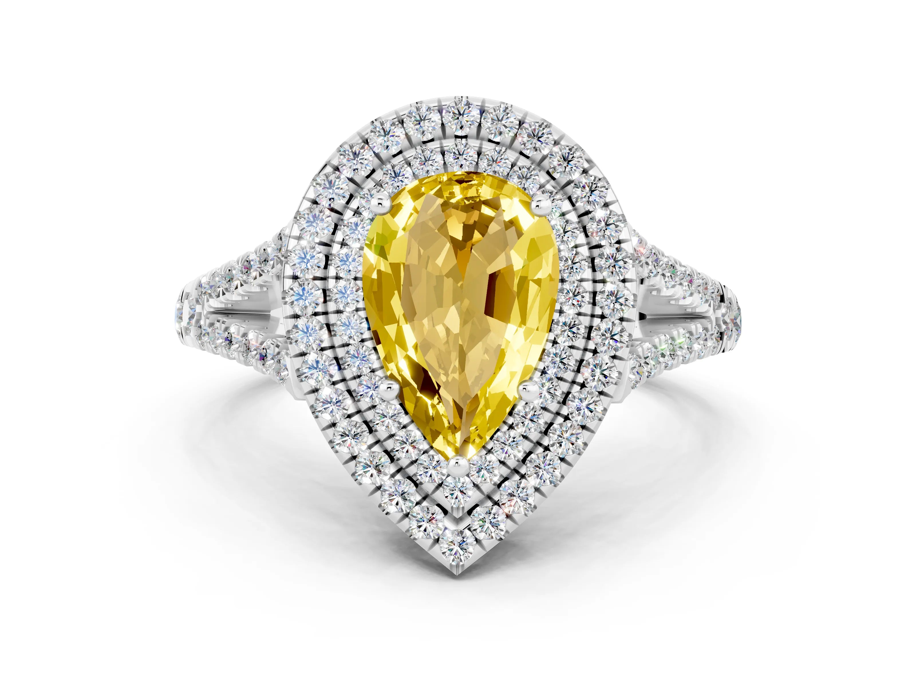 White gold Pear Cut Yellow Sapphire Double Halo Ring with Pavé Band and Prong Setting_24