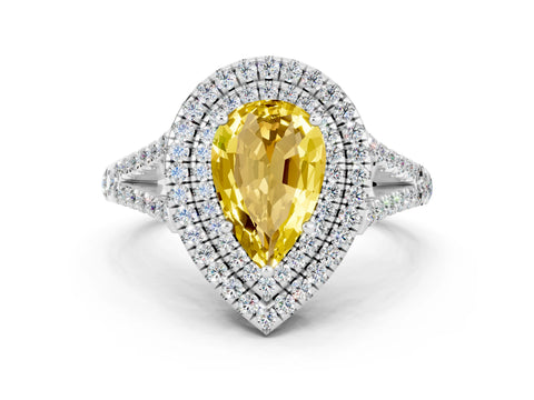 White gold Pear Cut Yellow Sapphire Double Halo Ring with Pavé Band and Prong Setting_24