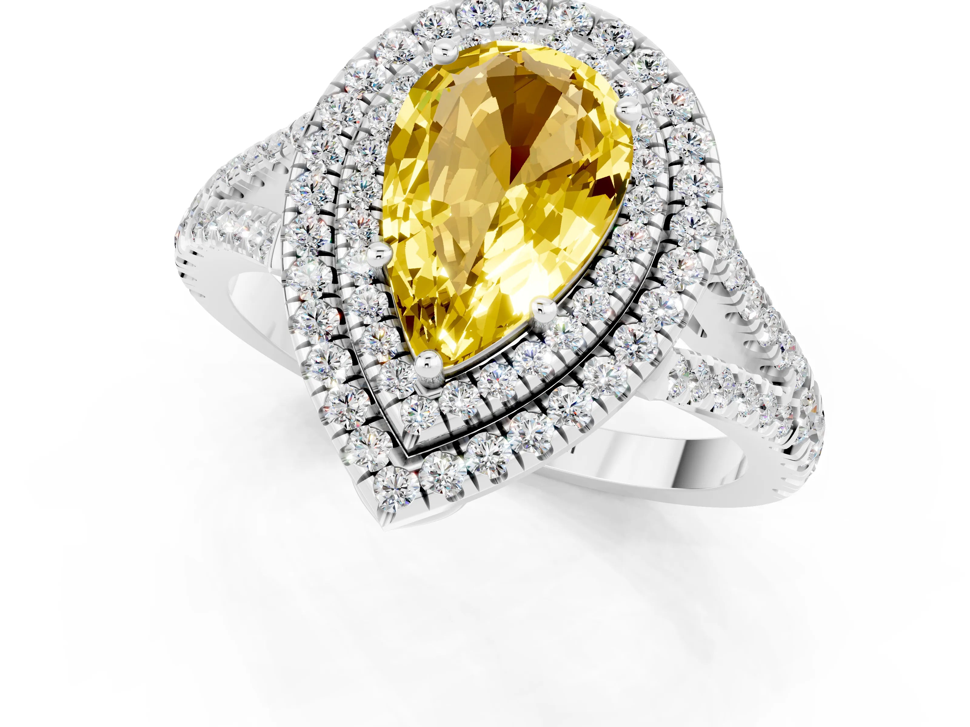 White gold Pear Cut Yellow Sapphire Double Halo Ring with Pavé Band and Prong Setting_25