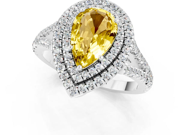Platinum Pear Cut Yellow Sapphire Double Halo Ring with Pavé Band and Prong Setting