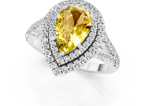 White gold Pear Cut Yellow Sapphire Double Halo Ring with Pavé Band and Prong Setting_25