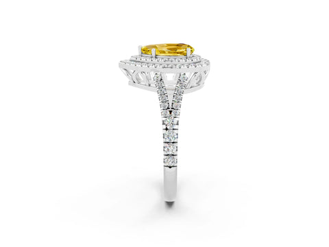 White gold Pear Cut Yellow Sapphire Double Halo Ring with Pavé Band and Prong Setting_26