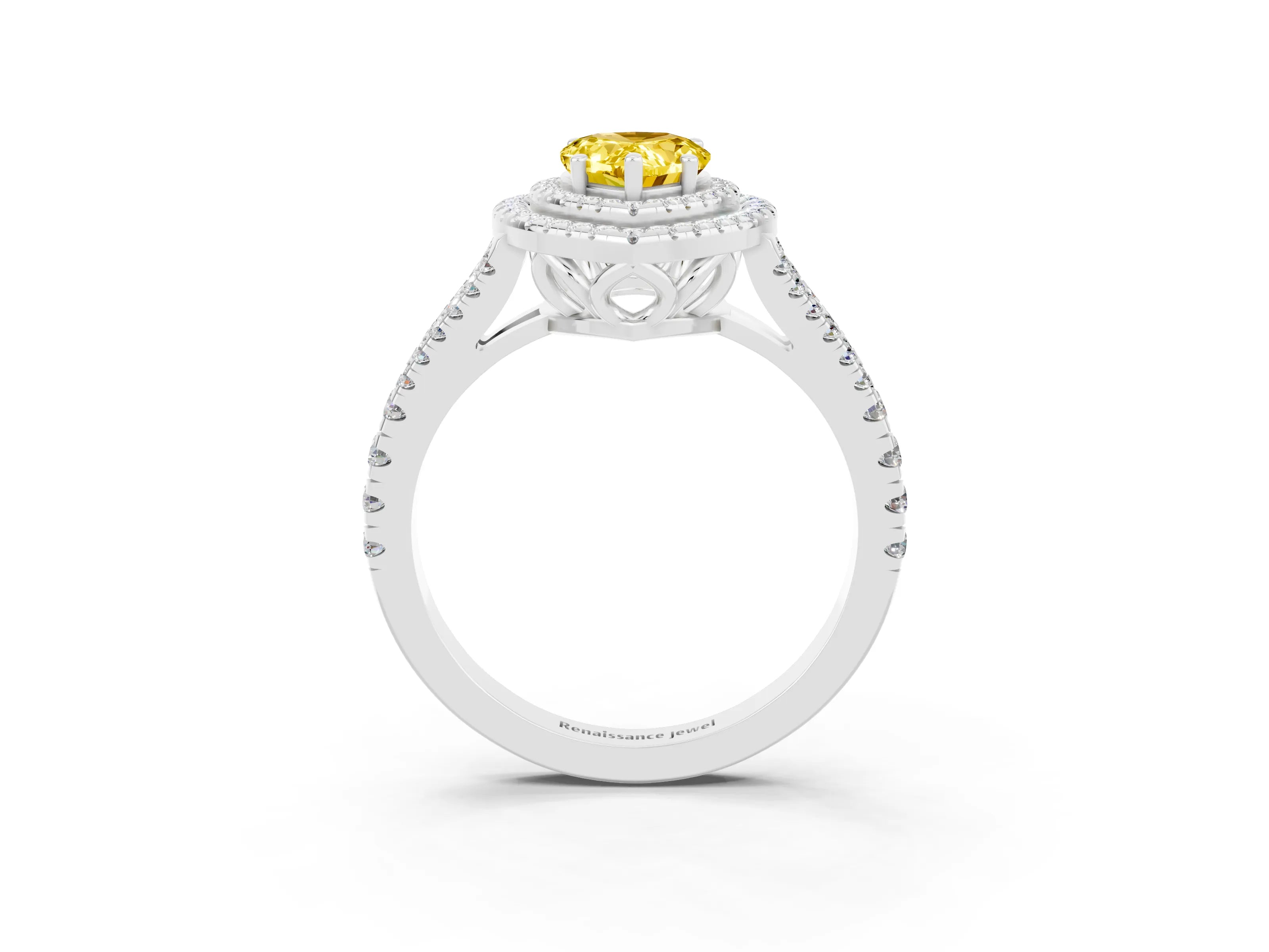 White gold Pear Cut Yellow Sapphire Double Halo Ring with Pavé Band and Prong Setting_27