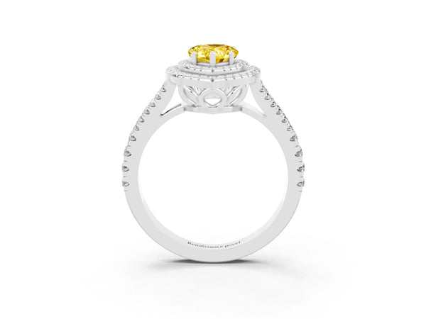 White gold Pear Cut Yellow Sapphire Double Halo Ring with Pavé Band and Prong Setting