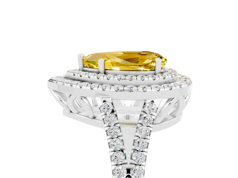 White gold Pear Cut Yellow Sapphire Double Halo Ring with Pavé Band and Prong Setting_29