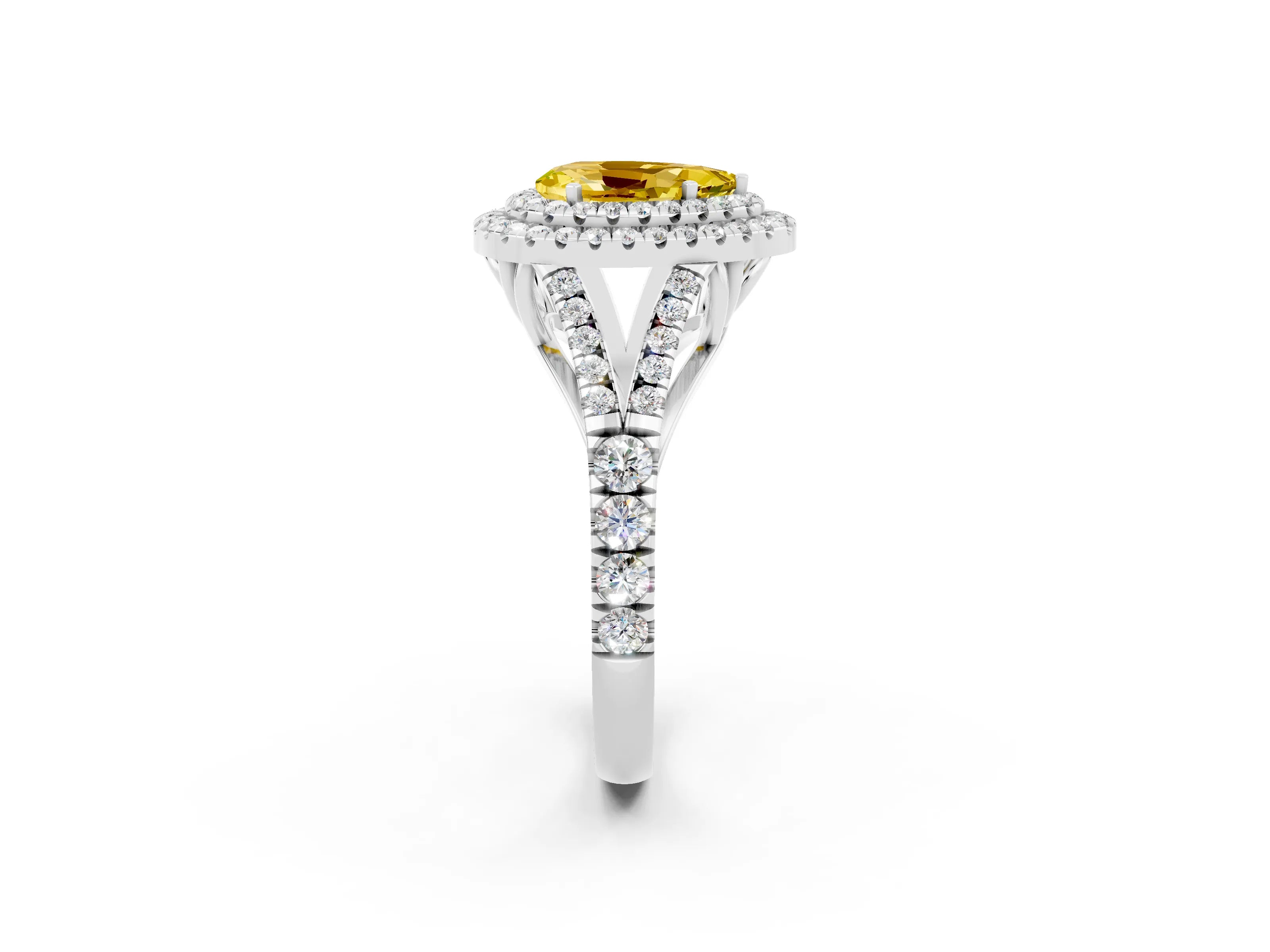 White gold Pear Cut Yellow Sapphire Double Halo Ring with Split Shank and Prong Setting_14