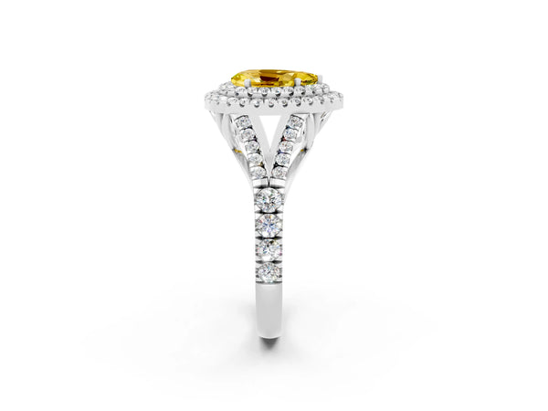 Silver Pear Cut Yellow Sapphire Double Halo Ring with Split Shank and Prong Setting