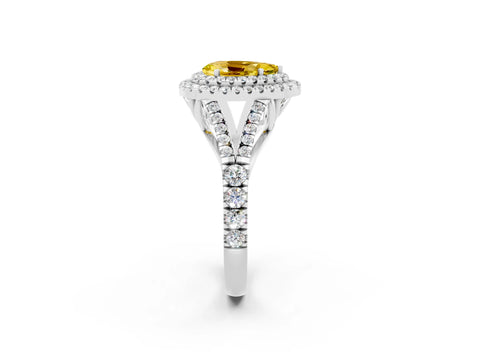 White gold Pear Cut Yellow Sapphire Double Halo Ring with Split Shank and Prong Setting_14