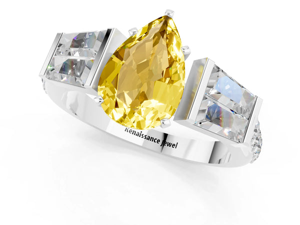 Silver Pear Cut Yellow Sapphire Engagement Ring with Baguette Side Stones and Channel Set Band