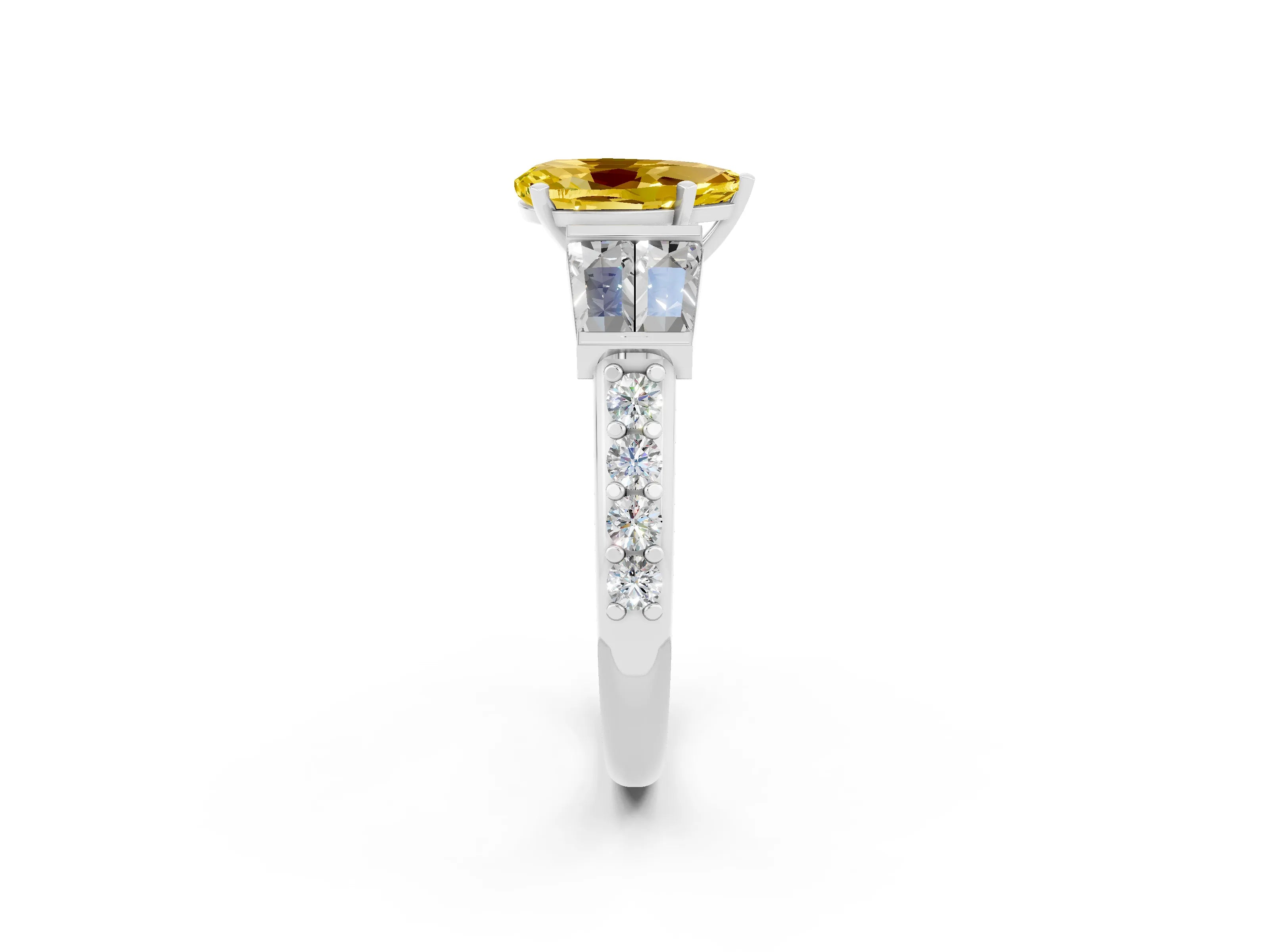 White gold Pear Cut Yellow Sapphire Engagement Ring with Baguette Side Stones and Channel Set Band_2