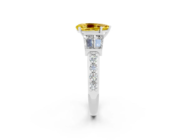 Silver Pear Cut Yellow Sapphire Engagement Ring with Baguette Side Stones and Channel Set Band