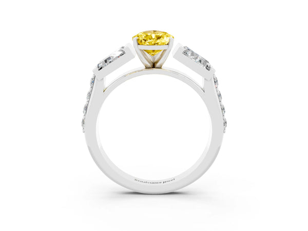 Platinum Pear Cut Yellow Sapphire Engagement Ring with Baguette Side Stones and Channel Set Band