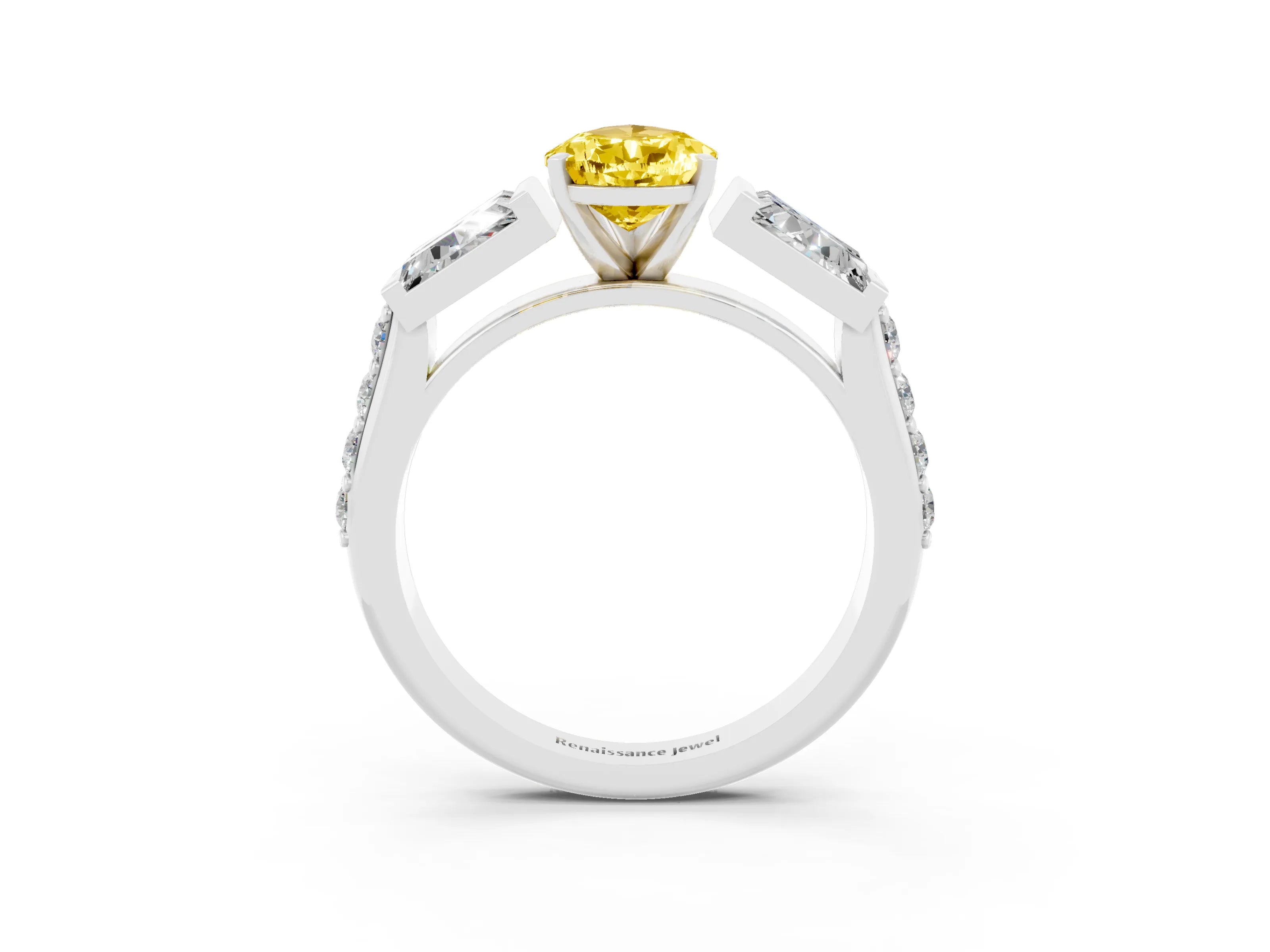 White gold Pear Cut Yellow Sapphire Engagement Ring with Baguette Side Stones and Channel Set Band_3