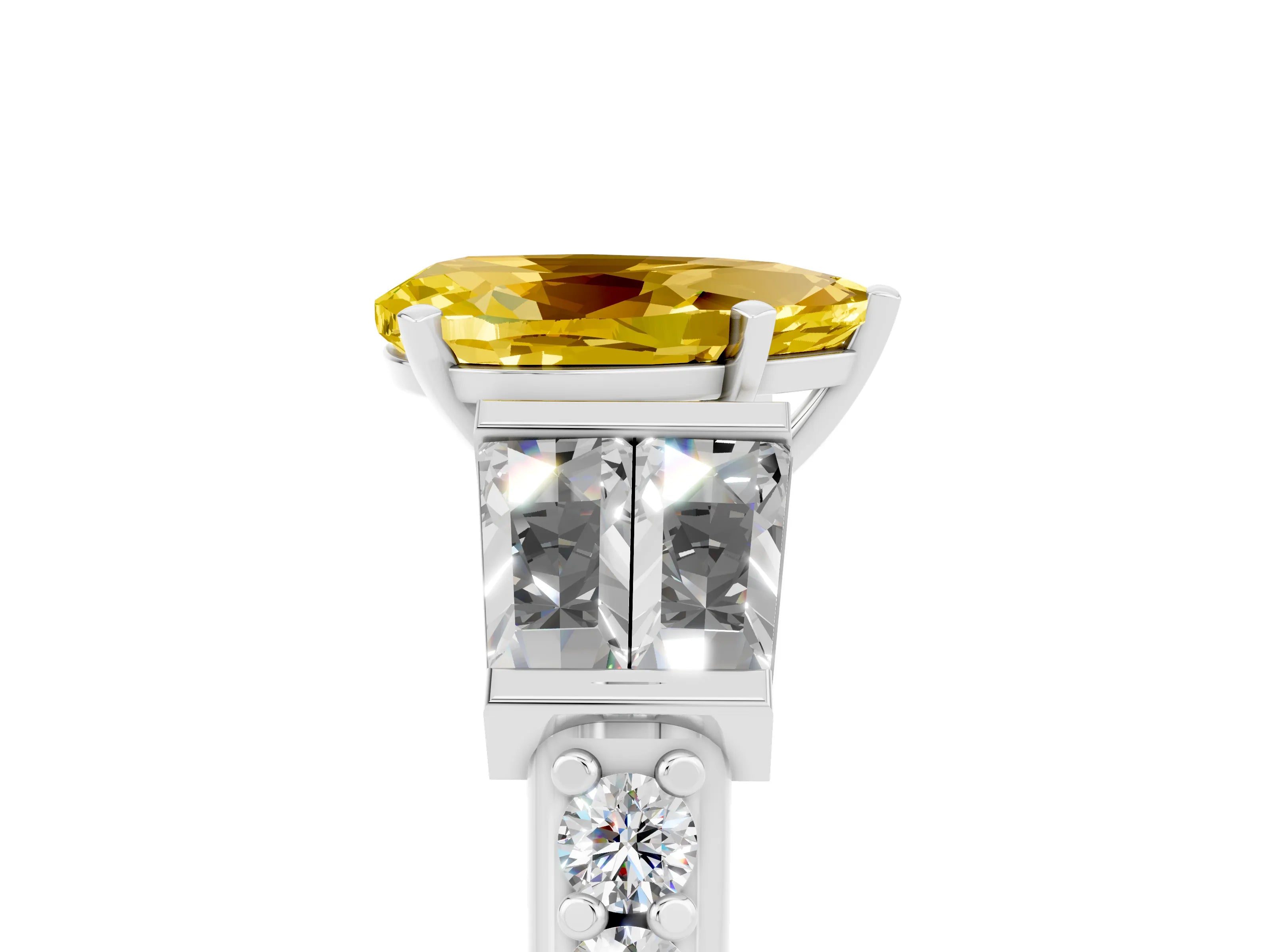 White gold Pear Cut Yellow Sapphire Engagement Ring with Baguette Side Stones and Channel Set Band_5