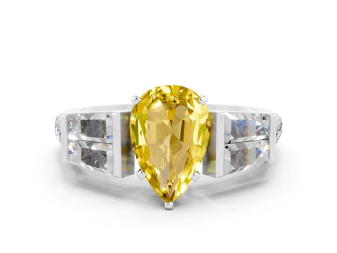 White gold Pear Cut Yellow Sapphire Engagement Ring with Baguette Side Stones and Channel Set Band