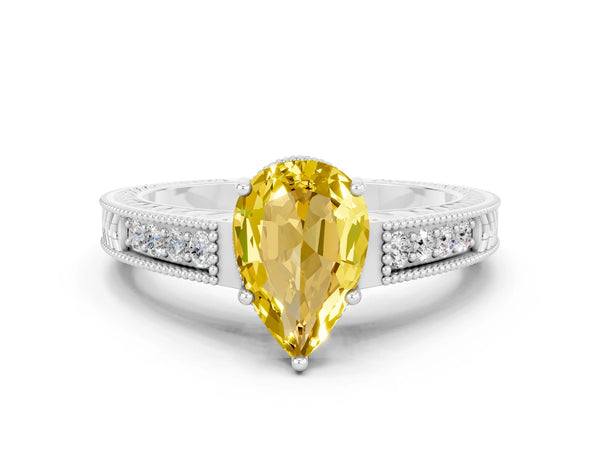 Silver Pear Cut Yellow Sapphire Engagement Ring with Milgrain Channel Set Band and Prong Setting