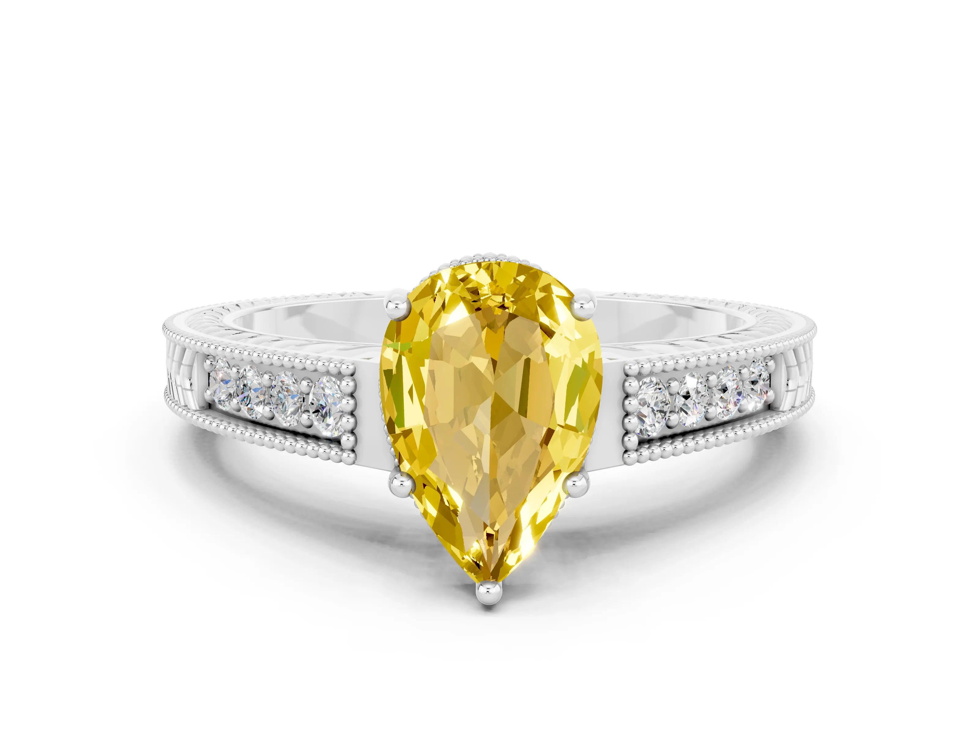 White gold Pear Cut Yellow Sapphire Engagement Ring with Milgrain Channel Set Band and Prong Setting_24