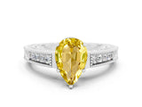 White gold Pear Cut Yellow Sapphire Engagement Ring with Milgrain Channel Set Band and Prong Setting_24