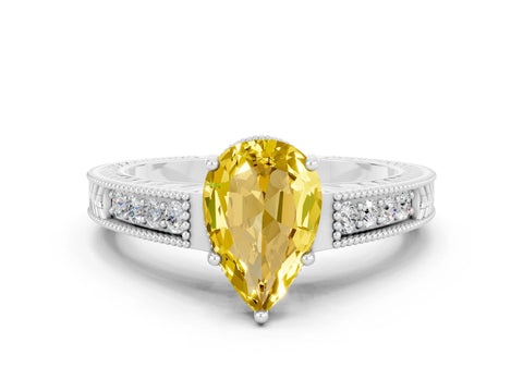 White gold Pear Cut Yellow Sapphire Engagement Ring with Milgrain Channel Set Band and Prong Setting_24