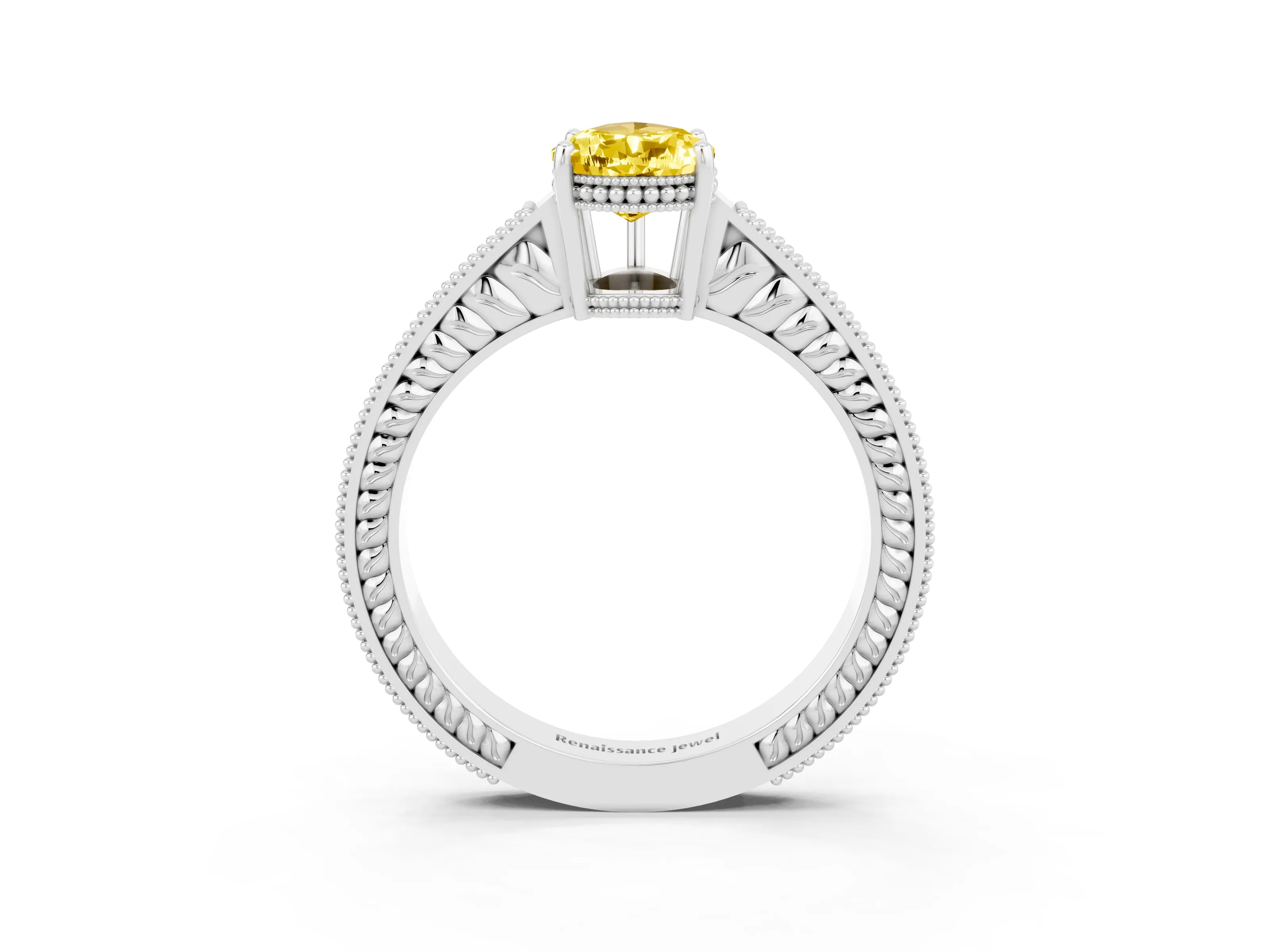 White gold Pear Cut Yellow Sapphire Engagement Ring with Milgrain Channel Set Band and Prong Setting_27