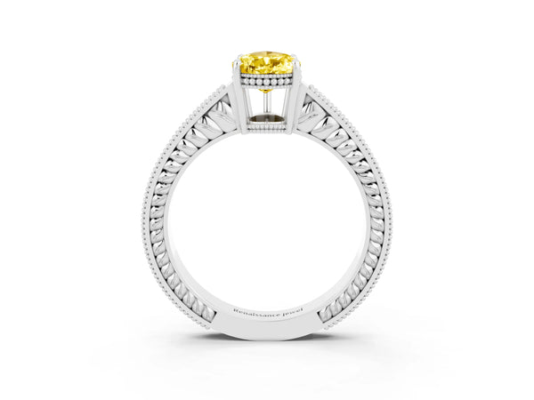White gold Pear Cut Yellow Sapphire Engagement Ring with Milgrain Channel Set Band and Prong Setting