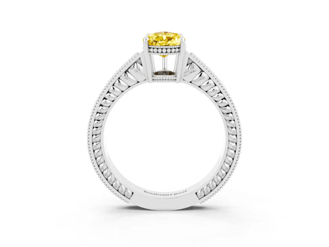 White gold Pear Cut Yellow Sapphire Engagement Ring with Milgrain Channel Set Band and Prong Setting_27