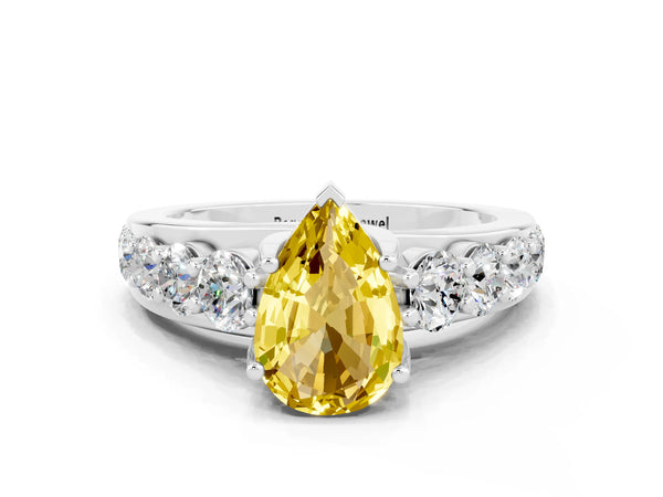 Platinum Pear Cut Yellow Sapphire Engagement Ring with Pavé Band and Four-Prong Setting