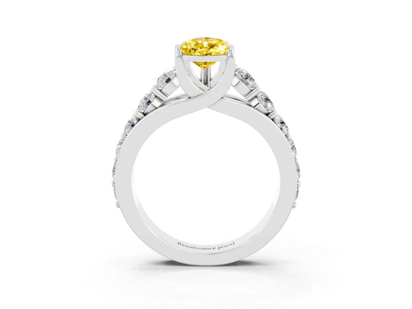 White gold Pear Cut Yellow Sapphire Engagement Ring with Pavé Band and Four-Prong Setting