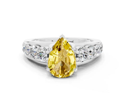 White gold Pear Cut Yellow Sapphire Engagement Ring with Pavé Band and Four-Prong Setting