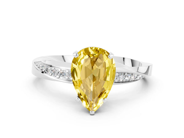 White gold Pear Cut Yellow Sapphire Engagement Ring with Side Stone Accents and Four-Prong Setting