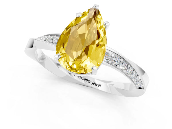 White gold Pear Cut Yellow Sapphire Engagement Ring with Side Stone Accents and Four-Prong Setting