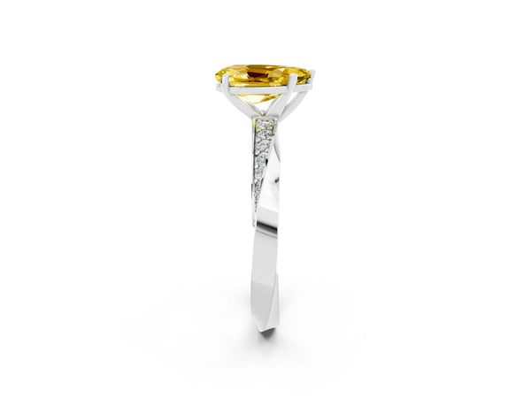 White gold Pear Cut Yellow Sapphire Engagement Ring with Side Stone Accents and Four-Prong Setting