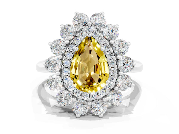 White gold Pear Cut Yellow Sapphire Floral Double Halo Engagement Ring with Prong Setting